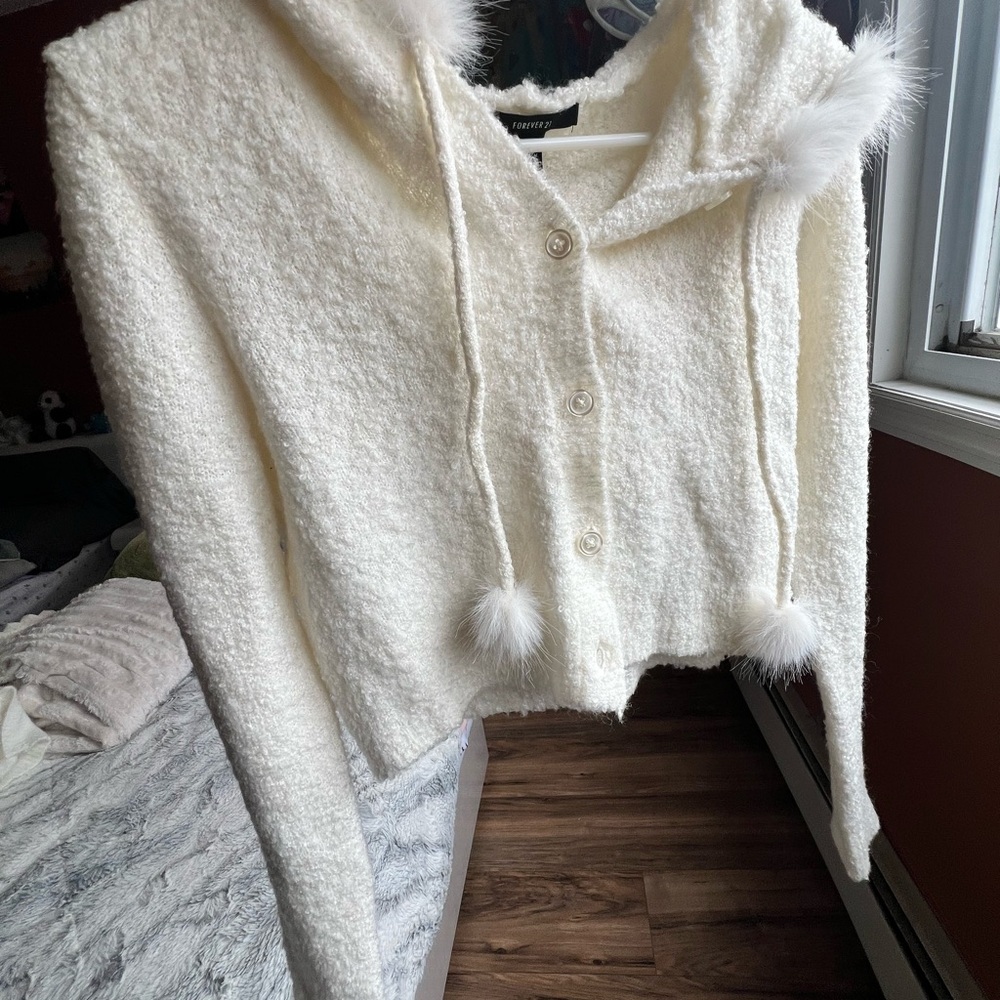 Cozy White Button-Up Hoodie with Pom Poms